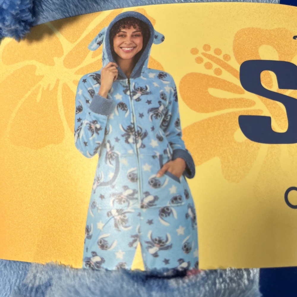 NWT Disney Stitch One Piece Pajama Union Suit Blue Fleece Hooded‎ Womens Large - Picture 2 of 5